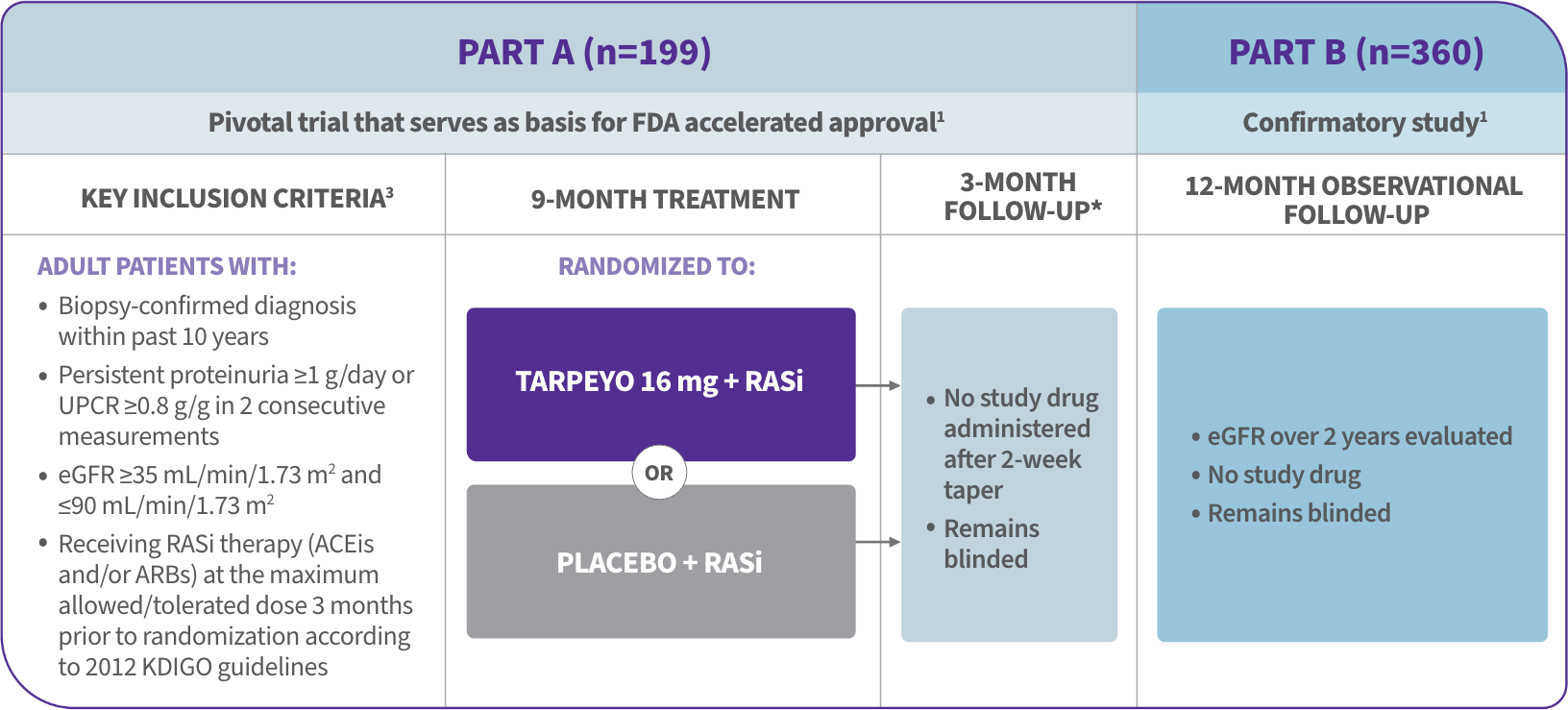 The chart describes the efficacy study design of the Tarpeyo phase 3 trial