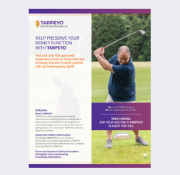 Image of a brochure with a cover featuring a person golfing, outlining next steps to help patients navigate their TARPEYO treatment journey.