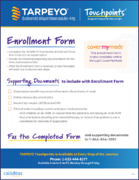 Image of the TARPEYO enrollment form, highlighting the steps for completion, including supporting documents to submit and faxing instructions. The form also includes a CoverMyMeds option for electronic submission.