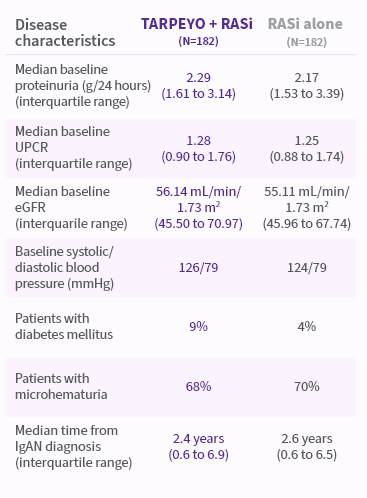 Table comparing disease characteristics between patients treated with TARPEYO + RASi and RASi alone. The table includes baseline proteinuria, UPCR, eGFR, blood pressure, diabetes mellitus incidence, microhematuria incidence, and time from IgAN diagnosis.