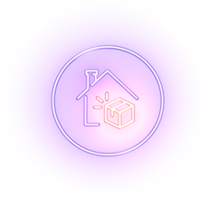 Icon of a house with a package, indicating delivery, shipment, or support access.