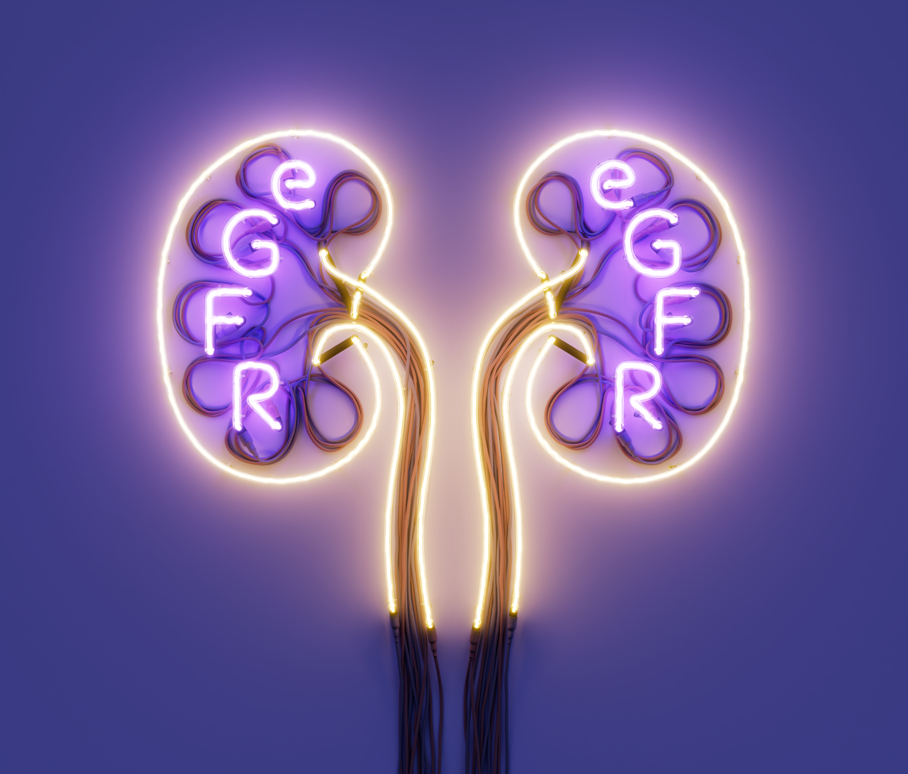 Image shows a stylized representation of two kidneys. Each kidney has the letters "eGFR" displayed within, with a glowing effect highlighting the importance of estimated glomerular filtration rate (eGFR) in kidney function. The background is purple, enhancing the focus on the kidneys and the eGFR lettering.